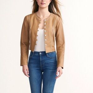 Tan Frayed Seams Patchwork Vegan Leather Fitted Jacket Coat size small